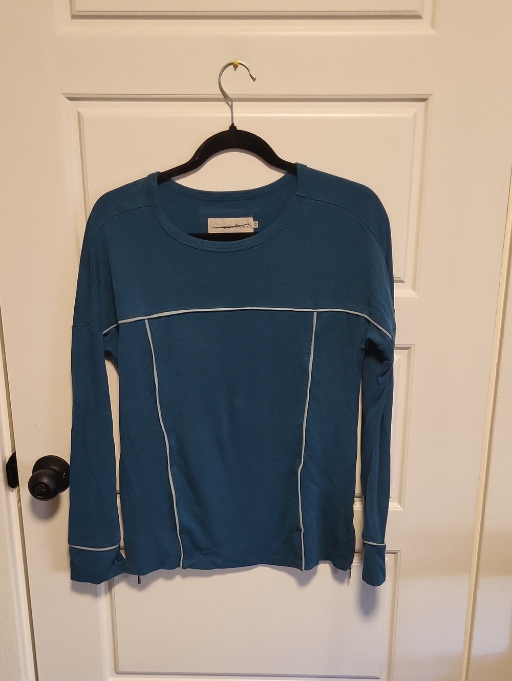 easy street Teal Long-Sleeve Crewneck Top with Contrast Piping